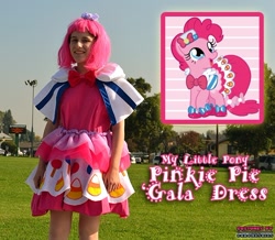 Size: 546x477 | Tagged: safe, artist:thepanther17fan, pinkie pie, earth pony, human, pony, g4, bow, bowtie, candy, candy corn, clothes, cosplay, costume, dress, female, food, gala dress, grass, hat, house, irl, irl human, lollipop, mare, photo, shoes, smiling, text, tree