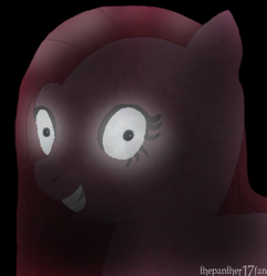 Size: 481x496 | Tagged: safe, artist:thepanther17fan, pinkie pie, earth pony, pony, g4, black background, creepy, darkness, female, glowing, glowing eyes, mare, pinkamena diane pie, shrunken pupils, simple background, smiling, text