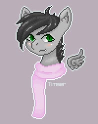 Size: 1000x1270 | Tagged: safe, artist:timser, oc, oc only, oc:dante fly, hybrid, pony, vampire, blushing, clothes, half bat pony, pixel art, scarf, simple background, smiling, solo