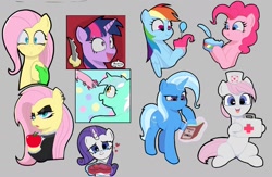 Size: 1452x946 | Tagged: safe, artist:ponconcarnal, fluttershy, lyra heartstrings, nurse redheart, pinkie pie, rainbow dash, rarity, trixie, twilight sparkle, oc, oc:anon, earth pony, pegasus, pony, unicorn, g4, aggie.io, apple, blushing, book, briefcase, clothes, confused, cupcake, cute, dialogue, drawpile, ear piercing, eating, feather, female, first aid kit, fluttergoth, folded wings, food, glowing, glowing horn, gray background, hat, heart, heartabetes, holding hooves, holiday, hoof hold, hoof on chin, horn, knife, magic, magic aura, makeup, mare, open mouth, piercing, puffy cheeks, raised hoof, reading, simple background, sitting, smiling, speech bubble, talking, telekinesis, valentine's day, wings