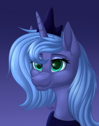 Size: 1203x1538 | Tagged: safe, artist:starshade, princess luna, alicorn, pony, g4, bust, crown, cute, eye clipping through hair, eyebrows, eyebrows visible through hair, eyeshadow, female, gradient background, jewelry, lidded eyes, lunabetes, makeup, mare, peytral, portrait, regalia, s1 luna, signature, smiling, solo, sparkly eyes, wingding eyes