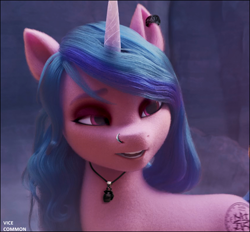 Size: 2308x2144 | Tagged: safe, artist:vice common, edit, edited screencap, screencap, izzy moonbow, pony, unicorn, g5, my little pony: a new generation, spoiler:my little pony: a new generation, collar, ear piercing, earring, eyeshadow, female, goth, goth izzy, high res, jewelry, makeup, nose piercing, piercing, solo