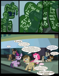 Size: 1042x1358 | Tagged: safe, artist:dendoctor, doctor whooves, mean twilight sparkle, pinkie pie, time turner, alicorn, earth pony, pegasus, pony, unicorn, comic:clone.., g4, alternate universe, clone, comic, discord whooves, discorded whooves, female, glowing, glowing horn, homunculus, horn, injured, magic, male, pinkie clone, the doctor, twilight sparkle (alicorn)