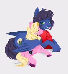 Size: 1892x2048 | Tagged: safe, artist:irusumau, oc, oc only, oc:fenris ebonyglow, oc:kara waypoint, earth pony, pegasus, pony, :p, clothes, cuddling, female, hug, karanris, male, mare, scarf, shipping, simple background, smiling, stallion, tongue out, white background, winghug, wings