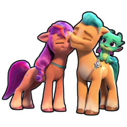 Size: 400x400 | Tagged: safe, edit, edited screencap, screencap, hitch trailblazer, sparky sparkeroni, sunny starscout, dragon, earth pony, pony, g5, my little pony: make your mark, my little pony: make your mark chapter 1, spoiler:g5, spoiler:my little pony: make your mark, baby, baby dragon, background removed, cute, eyes closed, female, hitchbetes, horses doing horse things, let's make our mark together, male, nuzzling, papa hitch, shipping fuel, simple background, sparkybetes, stallion, sunnybetes, transparent background