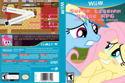 Size: 1093x731 | Tagged: safe, fluttershy, pinkie pie, rainbow dash, twilight sparkle, alicorn, earth pony, pegasus, pony, super lesbian horse rpg, g4, blushing, book, controller, counter, cover art, dialogue, esrb, female, game, lesbian, lying down, mare, nintendo, on back, rating, rpg, ship:flutterdash, shipping, smiling, stool, text, twilight sparkle (alicorn), warning sign, wii remote, wii u