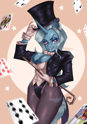 Size: 1754x2480 | Tagged: safe, artist:nire, trixie, unicorn, anthro, g4, ambiguous facial structure, bowtie, breasts, busty trixie, cane, card, cleavage, clothes, corset, dc comics, ear piercing, earring, ears, female, gloves, hat, high-cut clothing, horn, jewelry, leotard, looking at you, magic, magician outfit, pantyhose, piercing, smiling, solo, suit, tail, top hat, zatanna