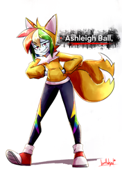 Size: 2316x3292 | Tagged: safe, artist:manic-the-lad, rainbow dash, human, equestria girls, g4, a dash of everything, ashleigh ball, clothes, converse, cosplay, costume, female, high res, hoodie, miles "tails" prower, netflix, shoes, solo, sonic prime, sonic the hedgehog (series), voice actor joke