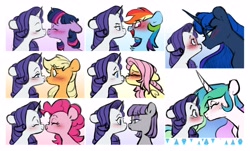 Size: 4096x2474 | Tagged: safe, artist:chub-wub, applejack, fluttershy, maud pie, pinkie pie, princess celestia, princess luna, rainbow dash, rarity, twilight sparkle, alicorn, earth pony, pegasus, pony, unicorn, g4, bedroom eyes, blushing, boop, cute, eyes closed, eyeshadow, female, flustered, kissing, lesbian, looking at each other, looking at someone, makeup, mane six, noseboop, rarity gets all the mares, ship:flarity, ship:raridash, ship:rarijack, ship:rarilestia, ship:rarilight, ship:rariluna, ship:rarimaud, ship:raripie, shipping, simple background, twilight sparkle (alicorn), white background