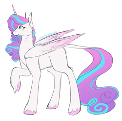 Size: 1280x1265 | Tagged: safe, artist:spartalabouche, princess flurry heart, alicorn, pony, g4, curved horn, female, horn, leonine tail, older, older flurry heart, raised hoof, simple background, solo, tail, unshorn fetlocks, white background, wings