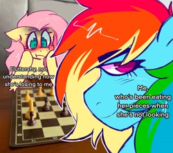 Size: 2048x1820 | Tagged: safe, artist:yumkandie, fluttershy, rainbow dash, pegasus, pony, g4, board game, cheating, chess, chess piece, chessboard, duo, meme, ponified meme, rainbow dumb, this will end in choking