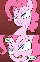 Size: 1080x1670 | Tagged: safe, artist:happy harvey, pinkie pie, earth pony, pony, g4, 2 panel comic, colored pupils, comic, dialogue, drawthread, female, hilarious, mare, phone drawing, ponified, reaction image, sarcasm, serious, serious face, solo, unamused