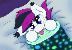 Size: 4092x2893 | Tagged: safe, artist:monycaalot, oc, oc only, oc:lance, bat pony, bat pony oc, bed, blanket, blanket burrito, blue eyes, cloud, commission, cute, fangs, male, one ear down, simple background, solo, stars, tongue out