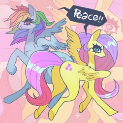 Size: 850x850 | Tagged: safe, artist:cutesykill, fluttershy, rainbow dash, pegasus, pony, g4, butt, dialogue, duo, grin, looking at you, plot, smiling, spread wings, wings, zoom layer