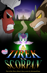Size: 3300x5102 | Tagged: safe, artist:aleximusprime, lord tirek, princess flurry heart, scorpan, alicorn, centaur, gargoyle, pony, taur, fanfic:tirek vs scorpan, flurry heart's story, g4, beard, bow, facial hair, fanfic art, goatee, grass, gritted teeth, horns, jewelry, king scorpan, midnight kingdom, mountain, necklace, nose piercing, nose ring, path, piercing, poster, scorpan's necklace, silhouette, slit pupils, stare down, sunset, teeth, title card