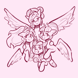 Size: 2048x2048 | Tagged: safe, artist:scribleydoodles, princess cadance, princess flurry heart, sunset shimmer, twilight sparkle, alicorn, pony, g4, alicornified, crown, female, group shot, high res, jewelry, mare, monochrome, older, older flurry heart, race swap, regalia, shimmercorn, signature, smiling, spread wings, twilight sparkle (alicorn), wings