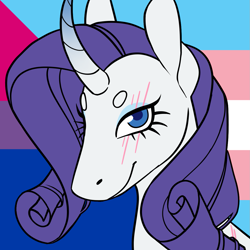 Size: 1157x1157 | Tagged: safe, artist:spartalabouche, part of a set, rarity, pony, unicorn, g4, beanbrows, bisexual pride flag, bust, curved horn, eyebrows, female, gradient horn, horn, pride, pride flag, scar, smiling, solo, transgender pride flag