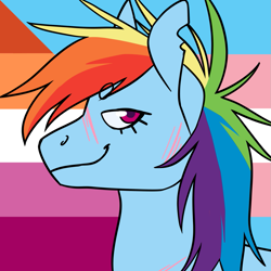Size: 1157x1157 | Tagged: safe, artist:spartalabouche, part of a set, rainbow dash, pegasus, pony, g4, beanbrows, bust, eyebrows, female, lesbian pride flag, pride, pride flag, scar, smiling, solo, torn ear, trans rainbow dash, transgender, transgender pride flag