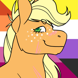 Size: 1157x1157 | Tagged: safe, artist:spartalabouche, part of a set, applejack, earth pony, pony, g4, beanbrows, bust, eyebrows, female, lesbian pride flag, nonbinary pride flag, pride, pride flag, scar, smiling, solo