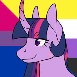 Size: 1157x1157 | Tagged: safe, artist:spartalabouche, part of a set, twilight sparkle, pony, unicorn, g4, beanbrows, bisexual pride flag, bust, chipped horn, curved horn, eyebrows, female, gradient horn, horn, nonbinary pride flag, pride, pride flag, scar, smiling, solo