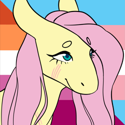 Size: 1157x1157 | Tagged: safe, artist:spartalabouche, part of a set, fluttershy, pegasus, pony, g4, beanbrows, bust, eyebrows, female, lesbian pride flag, pride, pride flag, scar, solo, trans fluttershy, transgender, transgender pride flag