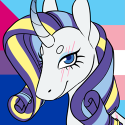 Size: 1157x1157 | Tagged: safe, alternate version, artist:spartalabouche, part of a set, rarity, pony, unicorn, g4, beanbrows, bisexual pride flag, bust, curved horn, eyebrows, female, gradient horn, horn, pride, pride flag, rainbow power, scar, smiling, solo, transgender pride flag