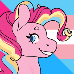 Size: 1157x1157 | Tagged: safe, alternate version, artist:spartalabouche, part of a set, pinkie pie, earth pony, pony, g4, beanbrows, bust, eyebrows, female, pansexual pride flag, pride, pride flag, rainbow power, scar, smiling, solo, transgender pride flag