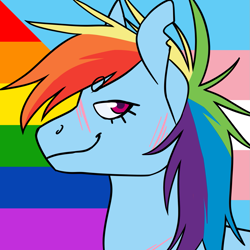 Size: 1157x1157 | Tagged: safe, alternate version, artist:spartalabouche, part of a set, rainbow dash, pegasus, pony, g4, beanbrows, bust, eyebrows, female, gay pride flag, pride, pride flag, rainbow power, scar, smiling, solo, torn ear, transgender pride flag