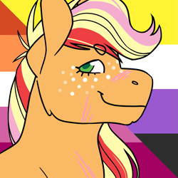 Size: 1157x1157 | Tagged: safe, alternate version, artist:spartalabouche, part of a set, applejack, earth pony, pony, g4, beanbrows, bust, eyebrows, female, lesbian pride flag, nonbinary pride flag, pride, pride flag, rainbow power, scar, smiling, solo