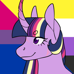 Size: 1157x1157 | Tagged: safe, alternate version, artist:spartalabouche, part of a set, twilight sparkle, pony, unicorn, g4, beanbrows, bisexual pride flag, bust, chipped horn, curved horn, eyebrows, female, gradient horn, horn, nonbinary pride flag, pride, pride flag, rainbow power, scar, smiling, solo