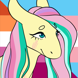 Size: 1157x1157 | Tagged: safe, alternate version, artist:spartalabouche, part of a set, fluttershy, pegasus, pony, g4, beanbrows, bust, eyebrows, female, lesbian pride flag, pride, pride flag, rainbow power, scar, solo, trans fluttershy, transgender, transgender pride flag