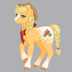 Size: 1773x1773 | Tagged: safe, artist:bunistxr, applejack, earth pony, pony, g4, appaloosa, applejack's hat, braided ponytail, braided tail, coat markings, cowboy hat, female, gray background, hat, mare, neckerchief, redesign, simple background, smiling, solo, tail