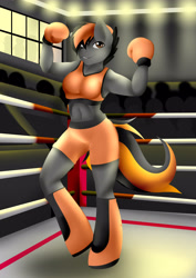Size: 2894x4093 | Tagged: safe, artist:glacy art, oc, oc only, oc:dusk strike, pegasus, anthro, unguligrade anthro, belly button, boxing, boxing ring, breasts, clothes, female, flexing, smiling, solo, sports, sports bra
