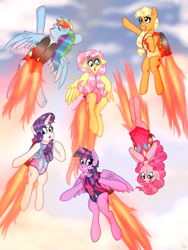 Size: 3000x4000 | Tagged: safe, artist:ponykittenboi, derpibooru exclusive, applejack, fluttershy, pinkie pie, rainbow dash, rarity, twilight sparkle, alicorn, earth pony, pegasus, pony, unicorn, g4, clothes, cloud, cute, cutie mark on clothes, excited, feather, female, fire, floppy ears, flying, glitter, hatless, jetpack, leotard, mane six, mare, missing accessory, pinkie being pinkie, requested art, ruffles, scared, sky, smiling, sparkles, sparkly, swimsuit, twilight sparkle (alicorn)