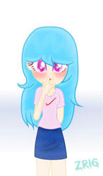 Size: 684x1169 | Tagged: safe, artist:zozeyrony16, human, equestria girls, g4, blushing, clothes, crossover, female, friday night funkin', shirt, skirt, sky (friday night funkin'), solo, text