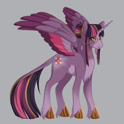 Size: 2500x2500 | Tagged: safe, artist:bunistxr, twilight sparkle, alicorn, pony, g4, colored wings, female, glasses, gray background, high res, leonine tail, mare, multicolored hair, multicolored wings, redesign, simple background, smiling, solo, tail, twilight sparkle (alicorn), unshorn fetlocks, wings