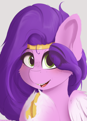 Size: 2480x3420 | Tagged: safe, artist:drawalaverr, pipp petals, pegasus, pony, g5, braces, bust, crown, eye clipping through hair, fanart, female, filly, filly pipp petals, foal, freckles, high res, jewelry, looking at you, mare, offscreen character, portrait, quadrupedal, regalia, simple background, smiling, solo, younger