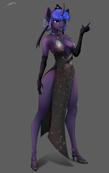 Size: 2200x3500 | Tagged: safe, artist:skitsroom, princess luna, anthro, plantigrade anthro, g4, absolute cleavage, alternate hairstyle, black dress, bottomless, breasts, busty princess luna, cleavage, clothes, crown, dress, ear piercing, earring, evening gloves, eyebrows, eyebrows visible through hair, female, gloves, gray background, high heels, high res, jewelry, long gloves, no panties, piercing, regalia, shoes, side slit, signature, simple background, solo, total sideslit