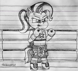 Size: 1280x1164 | Tagged: safe, artist:ct1443ae, trixie, unicorn, semi-anthro, g4, angry, boxing, boxing boots, boxing gloves, boxing ring, boxing shoes, boxing shorts, boxing skirt, clothes, lined paper, pencil drawing, shoes, shorts, skirt, socks, solo, sports, sports boots, sports bra, sports shoes, sports shorts, sports skirt, traditional art