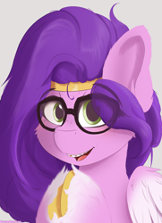 Size: 2480x3420 | Tagged: safe, alternate version, artist:drawalaverr, pipp petals, pegasus, pony, g5, adorapipp, adorkable, braces, bust, crown, cute, dork, eye clipping through hair, fanart, female, filly, filly pipp petals, foal, freckles, glasses, high res, jewelry, looking at you, mare, offscreen character, portrait, quadrupedal, regalia, simple background, smiling, solo, younger