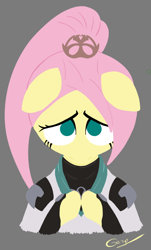 Size: 490x812 | Tagged: safe, artist:realgero, fluttershy, pegasus, anthro, g4, alternate hairstyle, bust, clothes, crossover, female, floppy ears, from under brows, gray background, hooves together, looking at you, looking up, looking up at you, no pupils, part of a full image, shy, simple background, solo, valorant, video game reference