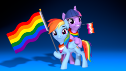 Size: 3840x2160 | Tagged: safe, artist:owlpirate, rainbow dash, twilight sparkle, alicorn, pegasus, pony, g4, 3d, 4k, bandana, bipedal, bipedal leaning, female, gay pride flag, high res, leaning, lesbian, lesbian pride flag, looking at you, mare, mouth hold, pride, pride flag, pride month, ship:twidash, shipping, smiling, smiling at you, source filmmaker, twilight sparkle (alicorn)