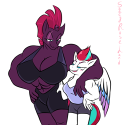 Size: 2000x2000 | Tagged: safe, artist:stacyroseland, tempest shadow, zipp storm, pegasus, unicorn, anthro, g5, my little pony: a new generation, abs, blushing, breasts, broken horn, busty tempest shadow, clothes, duo, eye scar, female, height difference, horn, implied lesbian, lidded eyes, looking at each other, looking at someone, muscles, muscular female, ripped zipp, scar, shorts, signature, simple background, smiling, sports bra, sports shorts, tanktop, temple shadow, white background