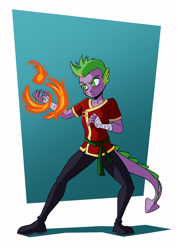 Size: 2481x3508 | Tagged: safe, artist:new-ereon, spike, dragon, anthro, g4, commission, fighting stance, fire, hand wraps, high res, male, martial artist, martial arts, simple background, solo, superhero
