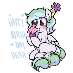 Size: 1000x1000 | Tagged: safe, artist:paperbagpony, oc, oc:river chime, bells, blushing, food, happy birthday, hat, muffin, party hat, simple background, white background