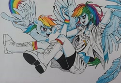 Size: 3658x2510 | Tagged: safe, artist:zzugguri, rainbow dash, human, pegasus, pony, equestria girls, g4, boots, clothes, duo, high res, human ponidox, open mouth, open smile, self paradox, self ponidox, shoes, smiling, traditional art, winged humanization, wings