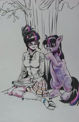 Size: 2367x3646 | Tagged: safe, artist:zzugguri, sci-twi, twilight sparkle, human, pony, unicorn, equestria girls, g4, book, duality, equestria girls ponified, glasses, high res, human ponidox, looking at each other, looking at someone, open mouth, open smile, self paradox, self ponidox, smiling, traditional art, tree, unicorn sci-twi