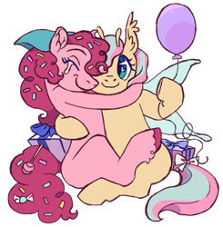 Size: 1280x1305 | Tagged: safe, artist:universalheart, fluttershy, pinkie pie, earth pony, flutter pony, pegasus, pony, g4, balloon, crying, female, hug, lesbian, mare, missing cutie mark, one eye closed, present, race swap, ship:flutterpie, shipping, simple background, tears of joy, transparent background