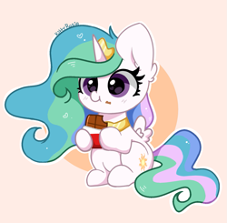 Size: 1249x1224 | Tagged: safe, artist:kittyrosie, princess celestia, alicorn, pony, g4, chibi, chocolate, crown, cute, cutelestia, ear fluff, eating, female, food, horn, jewelry, mare, peytral, regalia, solo, wings