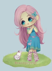 Size: 1584x2136 | Tagged: safe, artist:rainysyrup, fluttershy, human, rabbit, equestria girls, g4, animal, blue background, chibi, clothes, cute, dress, fluttershy boho dress, hands together, shyabetes, signature, simple background, solo